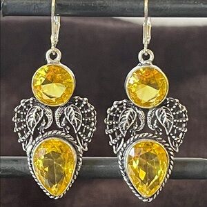 Natural & Faceted Artisan Crafted Citrine Leaf Earrings in Sterling Silver 1.5”